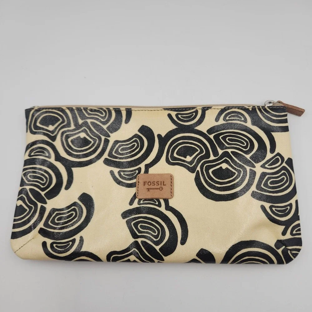 Fossil Key-Per Canvas Cosmetic Bag Zip Pouch‎ Cream Blue Graphic Print